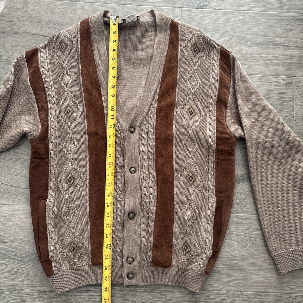 VTG Norm Thompson Mens L Cosby Leather Wool Cable Knit Cardigan Sweater Italy - Picture 10 of 16